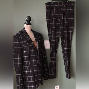 Women Sz 44 class act brown Plaid Business Blazer Jacket Casual Pants Suit set